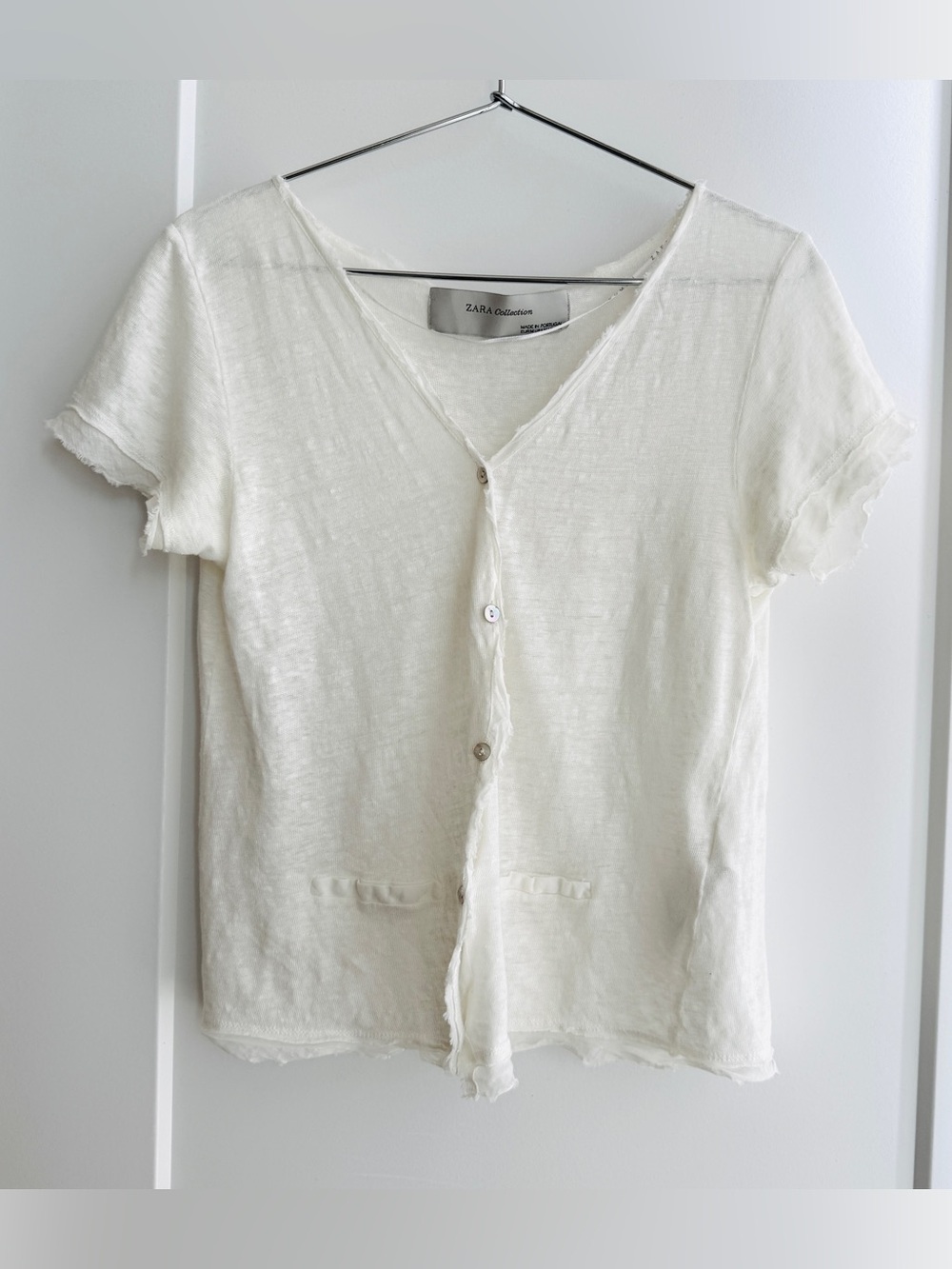 ZARA White Linen Blend Knit Button Front Short Sleeve Cropped Top